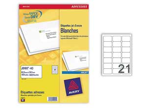 Planches d'étiquettes jet d'encre AVERY63,5x38,1 mm 840 étiq/boîte